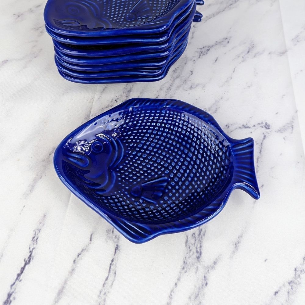 Cobalt Blue Ceramic Fish 8" Plates Set of 8 Majolica Vintage Glazed